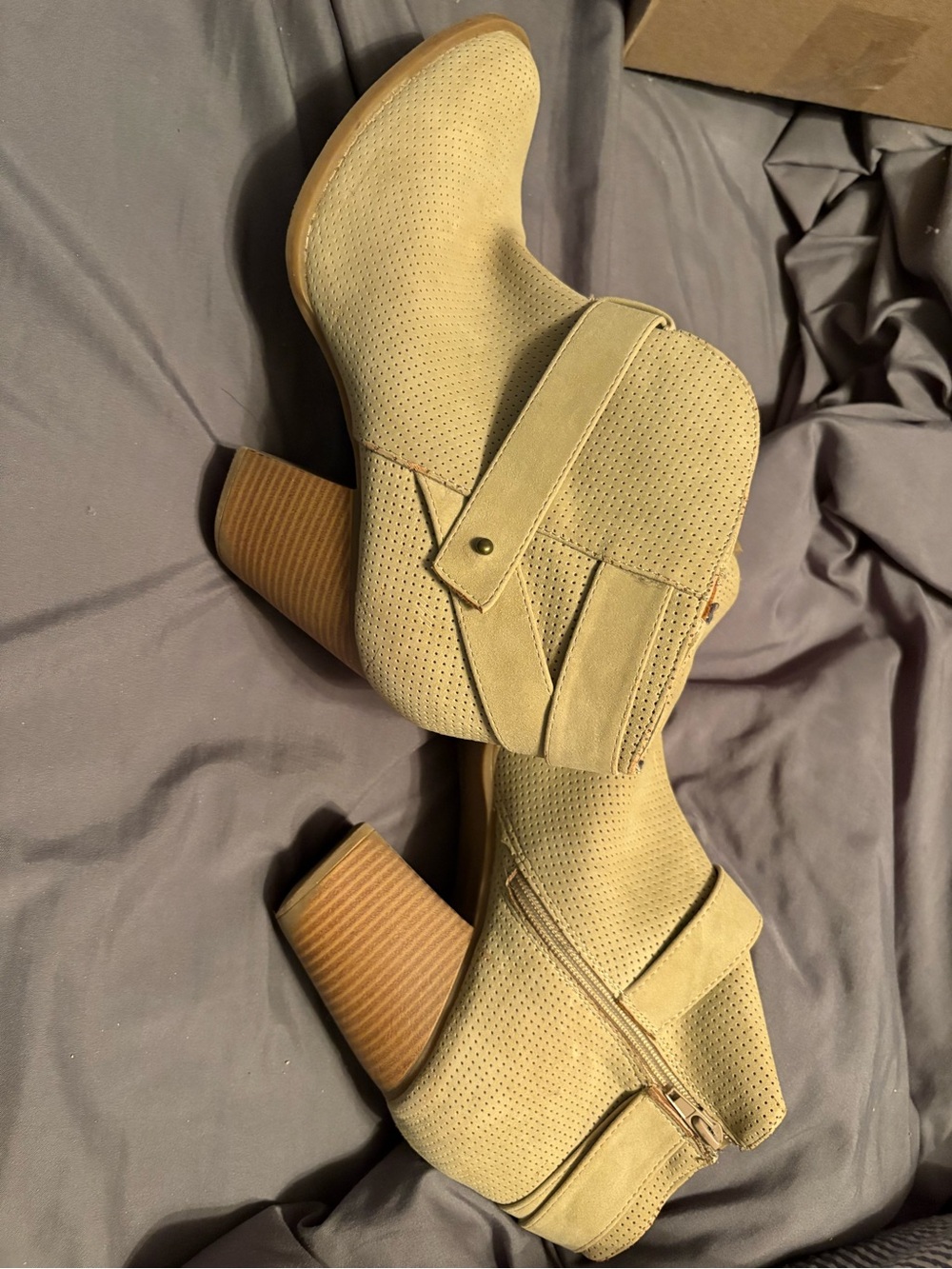 JustFab Perforated Suede-Look Ankle Booties in Tan